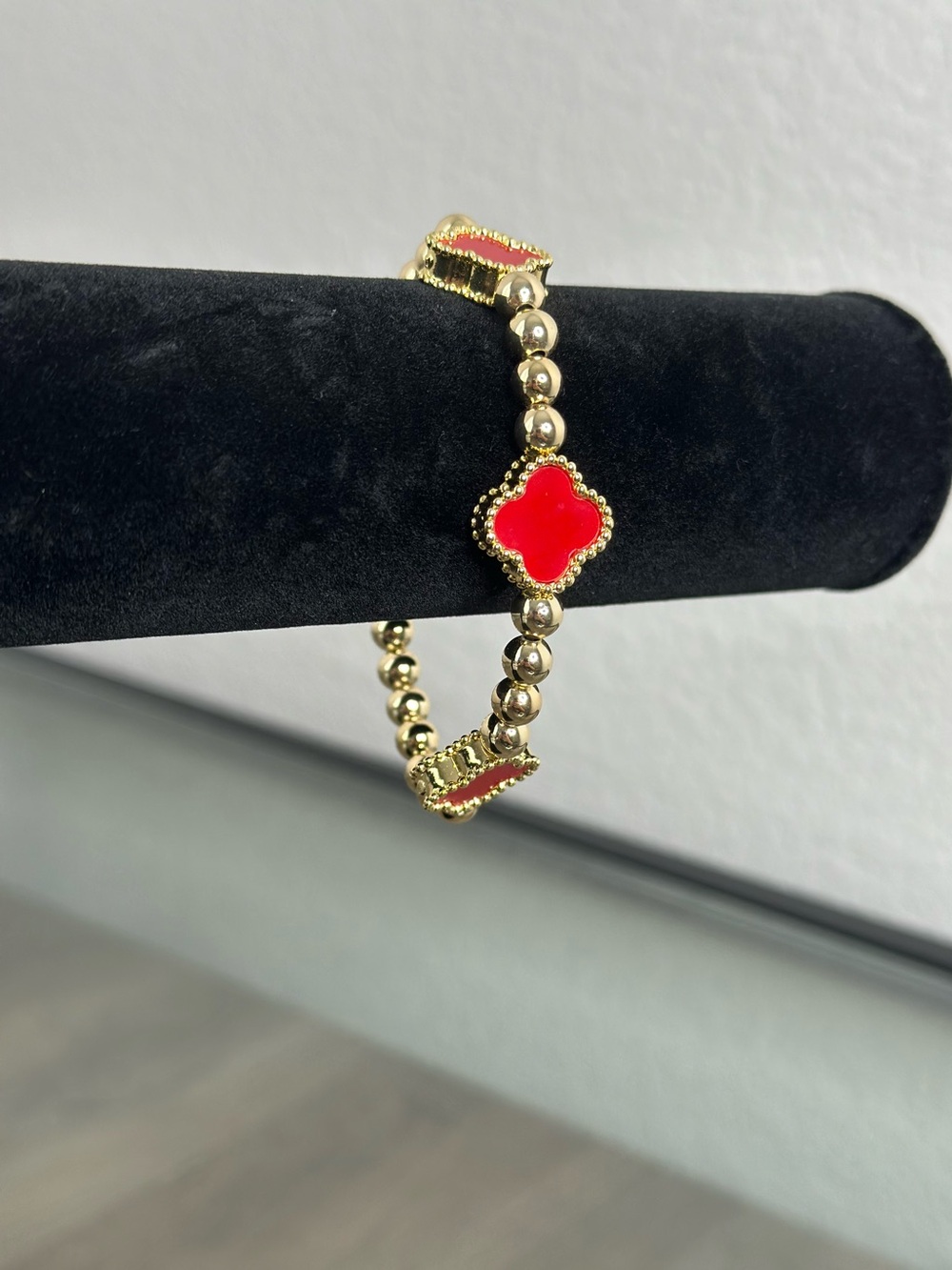 Gold Filled Red Clover Gold Bead Bracelet